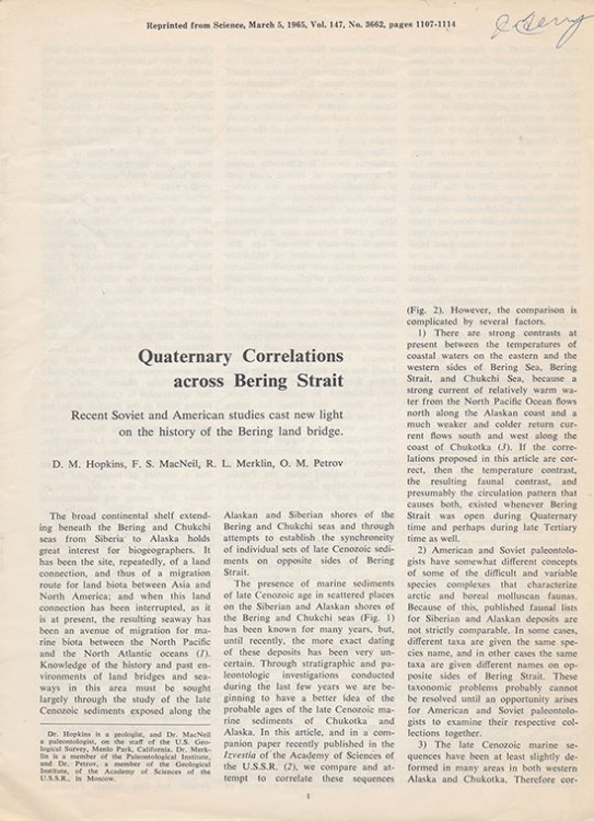 Image for Quaternary Correlations Across Bering Strait (Offprint, Science, March 5, 1965) Quaternary Correlations Across Bering Strait (Offprint, Science, March 5, 1965)