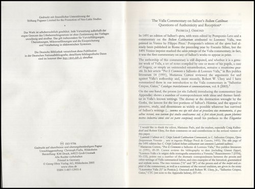 Image for The Valla Commentary on Sallust's Bellum Catilinae: Questions of Authenticity and Reception The Valla Commentary on Sallust's Bellum Catilinae: Questions of Authenticity and Reception