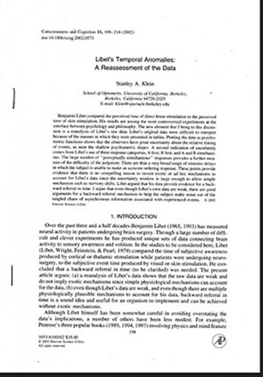 Image for Libet's Temporal Anomalies: A Reassessment of the Data Libet's Temporal Anomalies: A Reassessment of the Data