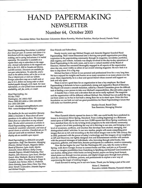 Image for Hand Papermaking Newsletter (Number 64, October 2003) Hand Papermaking Newsletter (Number 64, October 2003)