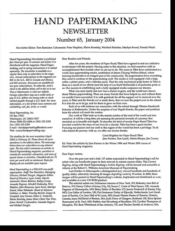 Image for Hand Papermaking Newsletter (Number 65, January 2004) Hand Papermaking Newsletter (Number 65, January 2004)