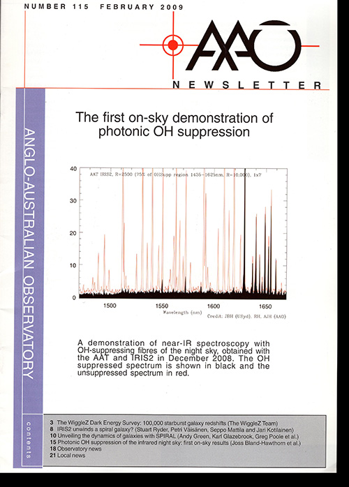 Image for AAO Newsletter: The first on-sky demonstration of photonic OH suppression (No. 115, February 2009) AAO Newsletter: The first on-sky demonstration of photonic OH suppression (No. 115, February 2009)
