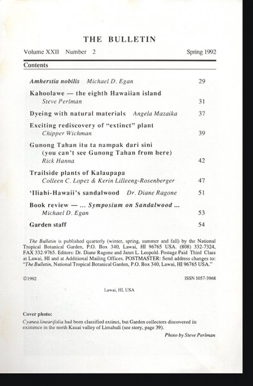Image for National Tropical Botanical Gardens: The Bulletin (Vol XXII, No. 2, Spring 1992) National Tropical Botanical Gardens: The Bulletin (Vol XXII, No. 2, Spring 1992)