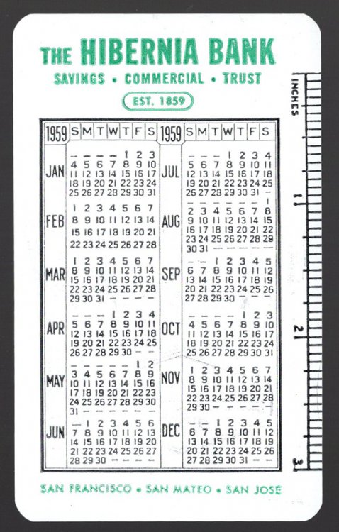 Image for Hibernia Bank Plastic Pocket Calendar with Ruler (1959) Hibernia Bank Plastic Pocket Calendar with Ruler (1959)