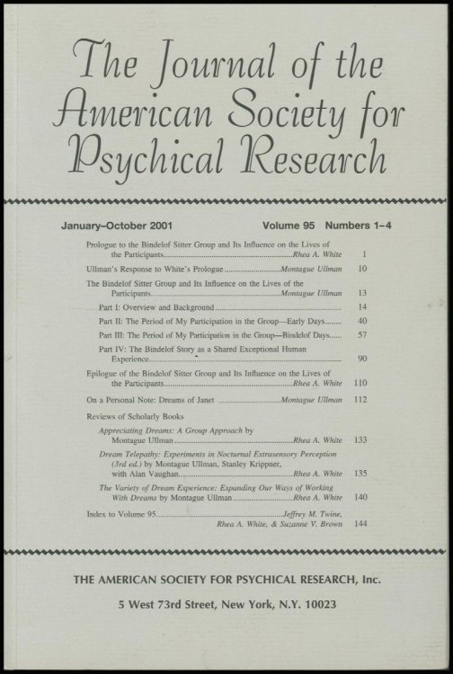 Image for American Society of Psychical Research: Bindeloff Sitter Group (Jan-Oct 2001, Vol 95, No. 1-4) American Society of Psychical Research: Bindeloff Sitter Group (Jan-Oct 2001, Vol 95, No. 1-4)