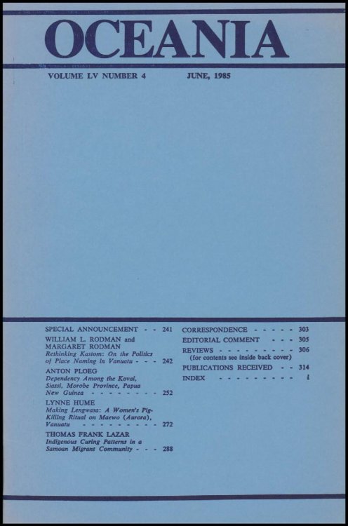 Image for Oceania Journal (Volume LV, No 4, June 1985) Oceania Journal (Volume LV, No 4, June 1985)