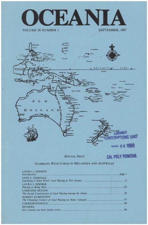 Image for Oceania Journal: Special issue on Gambling with Cards in Melanesia and Australia (September 1987, Volume 58, Number 1) Oceania Journal: Special issue on Gambling with Cards in Melanesia and Australia (September 1987, Volume 58, Number 1)