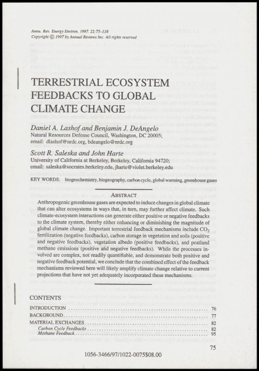 Image for Offprint: Terrestrial Ecosystem Feedbacks to Global Climate Change Offprint: Terrestrial Ecosystem Feedbacks to Global Climate Change