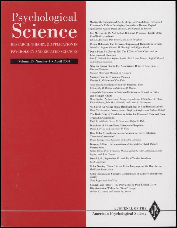 Image for Psychological Science (Volume 15, Number 4, April 2004) Psychological Science (Volume 15, Number 4, April 2004)