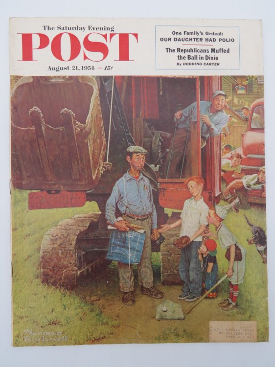 SATURDAY EVENING POST, AUGUST 21, 1954 (NORMAN ROCKWELL CONSTRUCTION CREW, BULLDOZER, BASEBALL COVER)