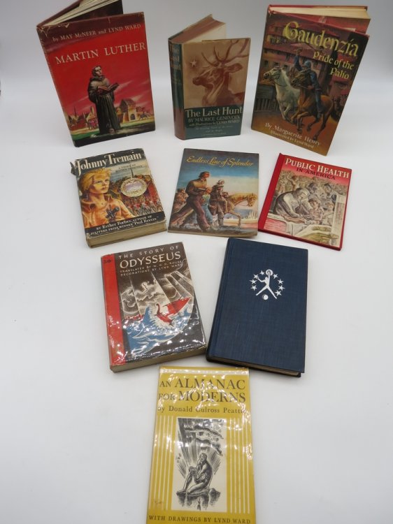 COLLECTION OF 9 VINTAGE BOOKS ILLUSTRATED BY LYND WARD; The Last Hunt; an Almanac for Moderns; the Story of Odysseus; Johnny Tremain; a Book of Hours; Martin Luther; Gaudenzia; Endless Line of Splendor; Public Health in America