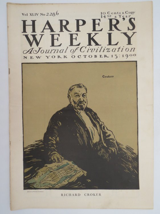 HARPER'S WEEKLY MAGAZINE, OCTOBER 13, 1900 (RICHARD CROKER COVER; WILLIAM JENNINGS BRYAN POLITCAL CARTOON CENTERFOLD; rudyard kippling the young queen)