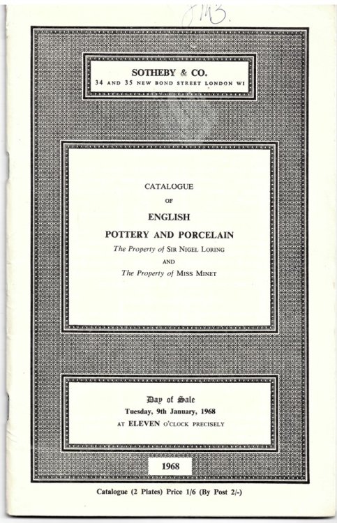 Catalogue of English Potter and Porcelain Comprising Staffordshire Figures and Groups, English Delftware, Creamware and Lustre and English Porcelain . Day of Sale: Tuesday, 9th January, 1968