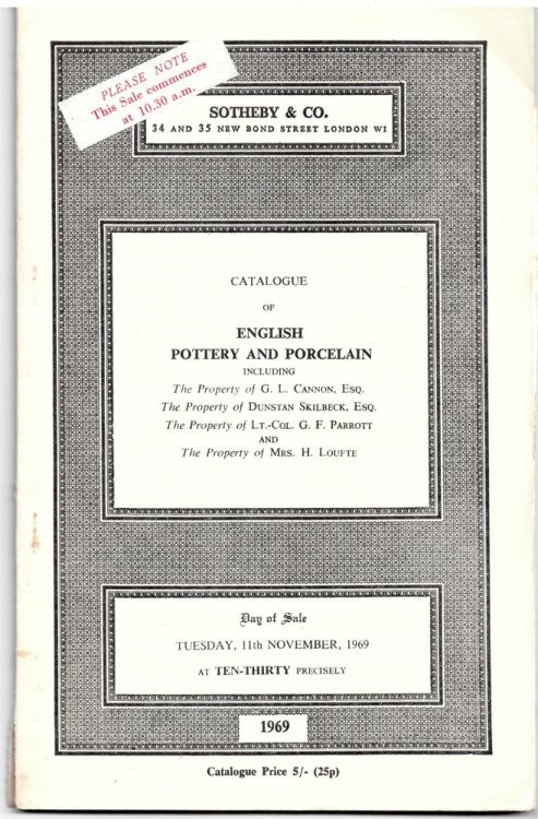 Catalogue of English Pottery Including a Rare Pair of Lambeth Delft Plates, Dated 1676, a Porringer Dated 1716, a Barber's Bowl, Dated 1763 and Wine Bottle, Dated 1647 and 1650 . Day of Sale: Tuesday, 11th November, 1969