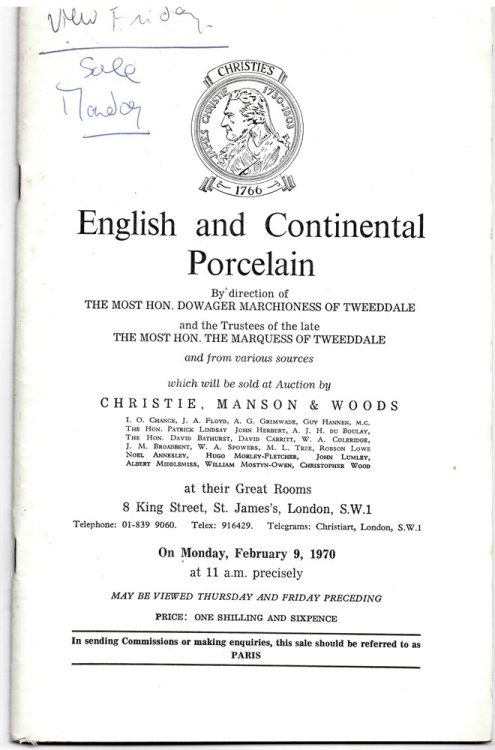 English and Continental Porcelain by Direction of the Most Hon. Dowager Marchionness of Tweeddale and the Trustees of the Late the Most. Hon. the Marquess of Tweeddale and from Various Sources . on Monday, February 9, 1970