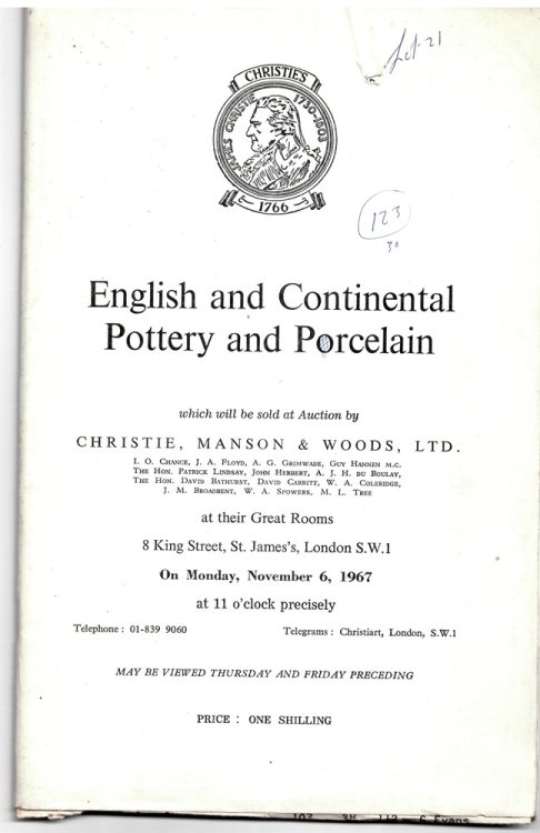 English and Continental Pottery and Porcelain . on Monday, November 6, 1967