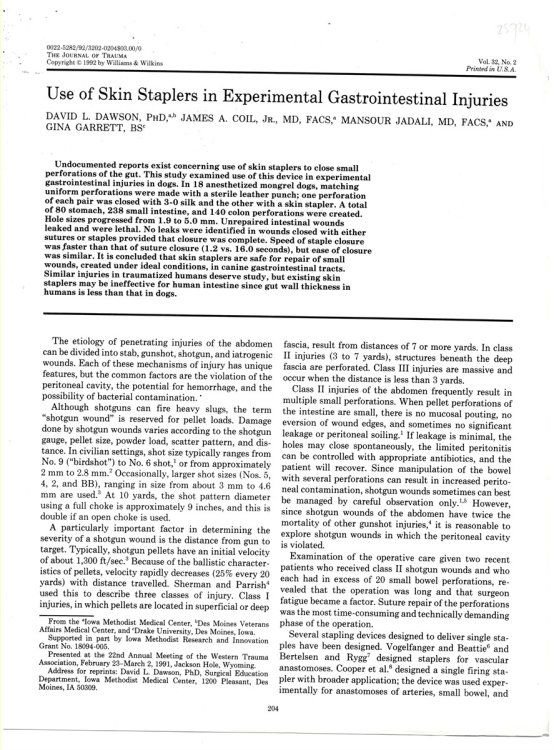Image for Use of Skin Staplers in Experimental Gastrointestinal Injuries. Offprint from the Journal of Trauma. Vol 32, No. 2 1992 Use of Skin Staplers in Experimental Gastrointestinal Injuries. Offprint from the Journal of Trauma. Vol 32, No. 2 1992