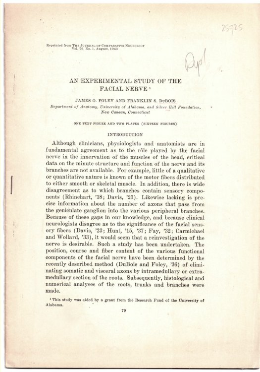 Image for An Experiment Study of the Facial Nerve. Offprint from the Journal of Comparative Neuroogy Vol. 79, No. 1, August 1943 An Experiment Study of the Facial Nerve. Offprint from the Journal of Comparative Neuroogy Vol. 79, No. 1, August 1943