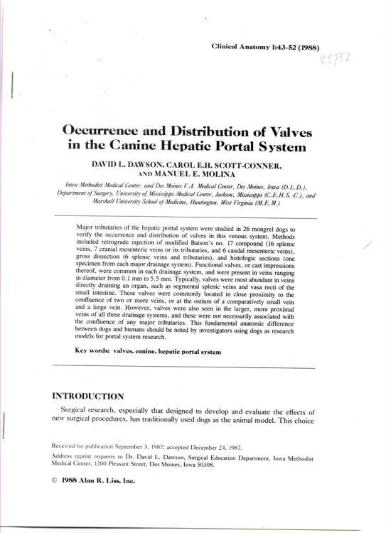Image for Occurence and Distribution of Valves in the Canine Hepatic Portal System. Offprint from Clinical Anatomy Volume 1 1988 Occurence and Distribution of Valves in the Canine Hepatic Portal System. Offprint from Clinical Anatomy Volume 1 1988