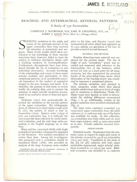 Image for Brachial and Antebrachial Arterial Patterns. a Study of 750 Extremities. Reprint from Surgery, Gynecology and Obstetrics, January, 1953, Volume 96 Brachial and Antebrachial Arterial Patterns. a Study of 750 Extremities. Reprint from Surgery, Gynecology and Obstetrics, January, 1953, Volume 96