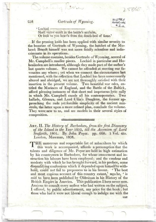 Art. II. the History of Barbadoes, from the First Discovery of the Island in the Year 1605, Till the Accession of Lord Seaforth, 1801. by John Poyer. . Disbound from the Quarterly Review 1809