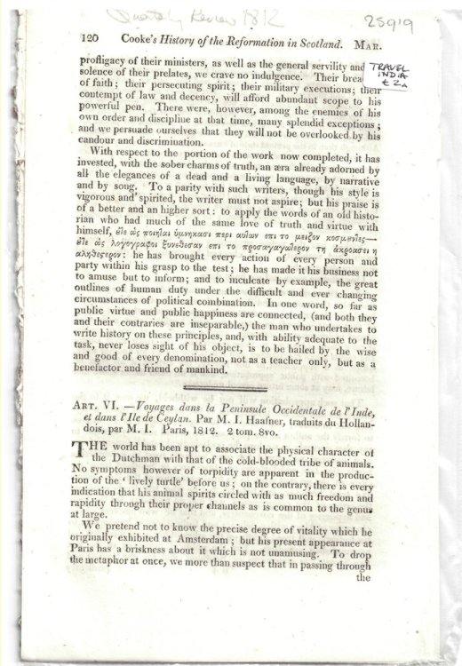 Art. VI. - Voyages Dans La Peninsule Occidentale De L'Inde Et Dans L'Ile De Ceylan. Par M. I. Haafner, Traduits Du Hollandois, Par M. I. Paris, 1812. 2 Tom. 8vo. - Disbound from the Quarterly Review 1812