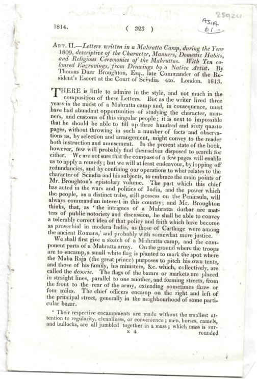 Art. II. - Letters Written in a Mahratta Camp, During the Year 1809, Descriptive of the Character, . by Thomas Duer Broughton . - Disbound from the Quarterly Review 1814