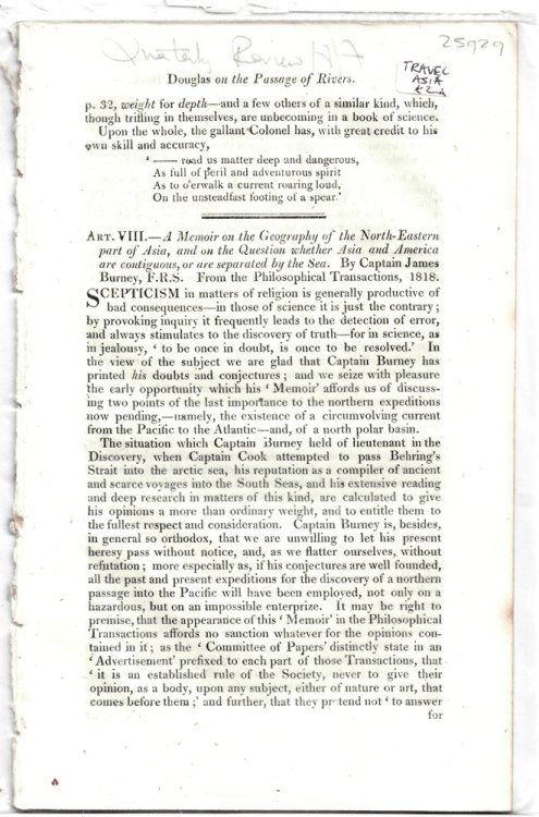 Image for Art. VIII. - A Memoir on the Geography of the North-Eastern Part of Asia, and on the question whether Asia and America are contiguous, or are separated by the sea. By Captain James Burney, F.R.S. From the Philosophical Transactions, 1818 - Disbound from t Art. VIII. - A Memoir on the Geography of the North-Eastern Part of Asia, and on the question whether Asia and America are contiguous, or are separated by the sea. By Captain James Burney, F.R.S. From the Philosophical Transactions, 1818 - Disbound from t