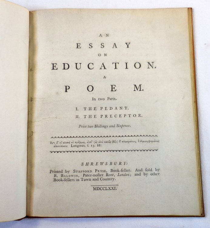 Image for An Essay on Education. A Poem. In Two Parts. I. The Pedant. II. The Preceptor An Essay on Education. A Poem. In Two Parts. I. The Pedant. II. The Preceptor