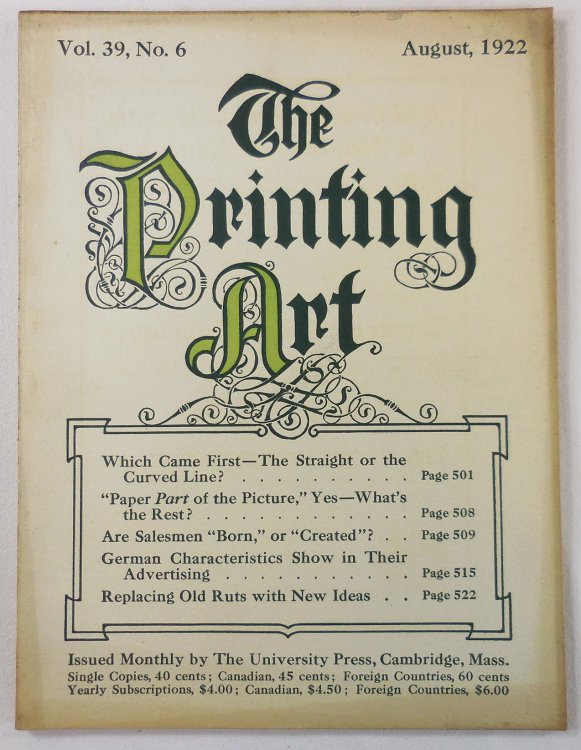 Image for The Printing Art. Vol. 39, No. 6, August 1922. A Monthly Magazine of the Art of Printing and of the Allied Arts The Printing Art. Vol. 39, No. 6, August 1922. A Monthly Magazine of the Art of Printing and of the Allied Arts