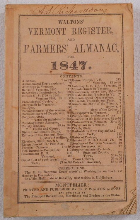 Image for Waltons' Vermont Register and Farmers' Almanac for 1847 Waltons' Vermont Register and Farmers' Almanac for 1847