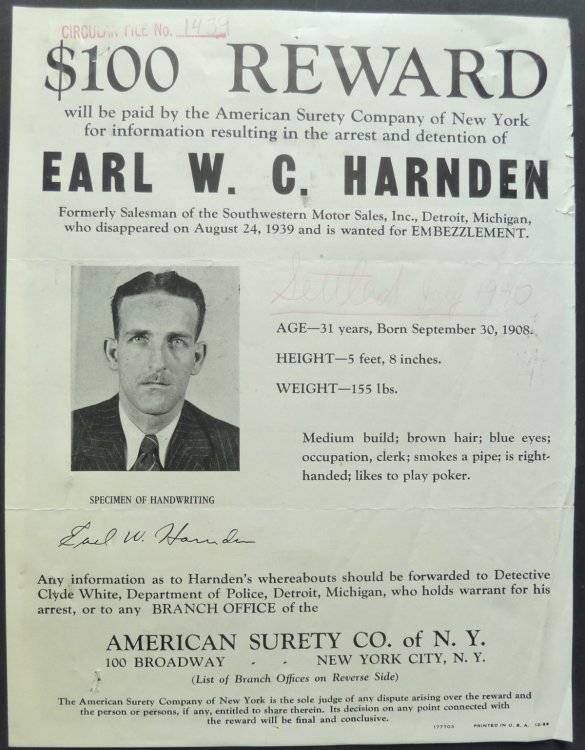 Original Wanted Notice - 1940 Embezzlement
