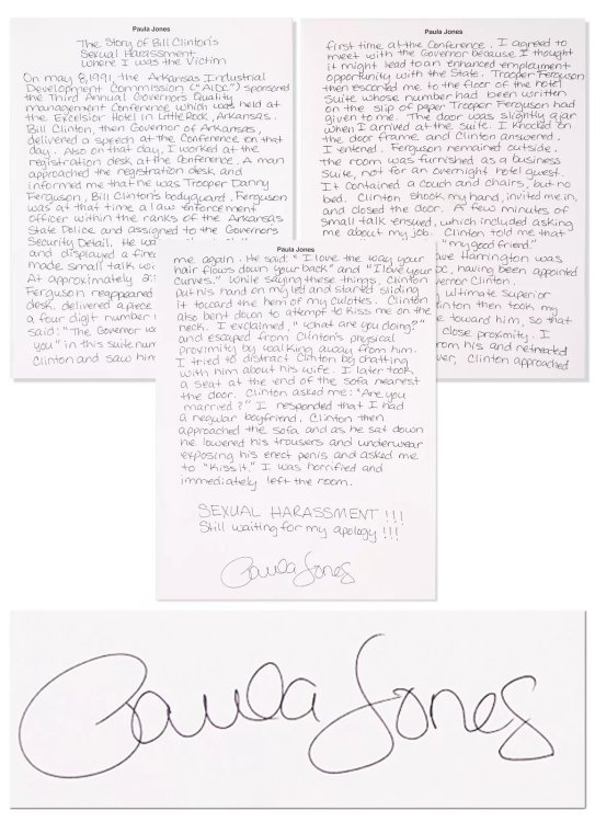 Paula Jones Signed Statement re Bill Clinton Asked Me to Kiss His Erect Penis