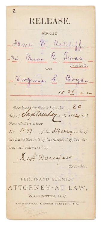 Frederick Douglass Document Signed in his Position as Recorder of Deeds