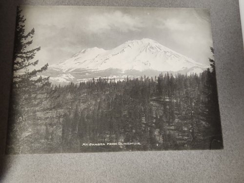 1905 SHASTA ROUTE Souvenir Album. 24 pages o 30 photograph copies. Oversized covers have some creases and tears. Couple holes on covers. Slightly soiled. Inside pages/photos are in very good condition. Writing by original owner on first 4 pages. Measures 9 1/4