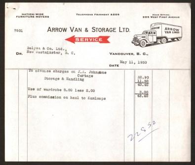 Image for Arrow Van & Storage Commercial Invoice: Vancouver, 1950 Arrow Van & Storage Commercial Invoice: Vancouver, 1950