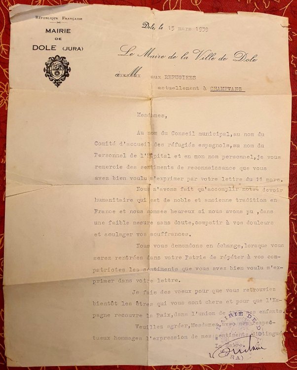 Original letter from the Mayor of Dole (Jura) to the Refugees currently at Champvans.