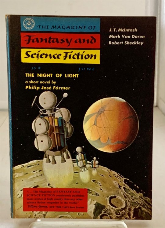 The Night of Light by Philip Jose Farmer, Love, Inc by Robert Sheckley, and Security Check by Arthur C. Clarke, Found in the Magazine of Fantasy and Science Fiction; (June 1957)