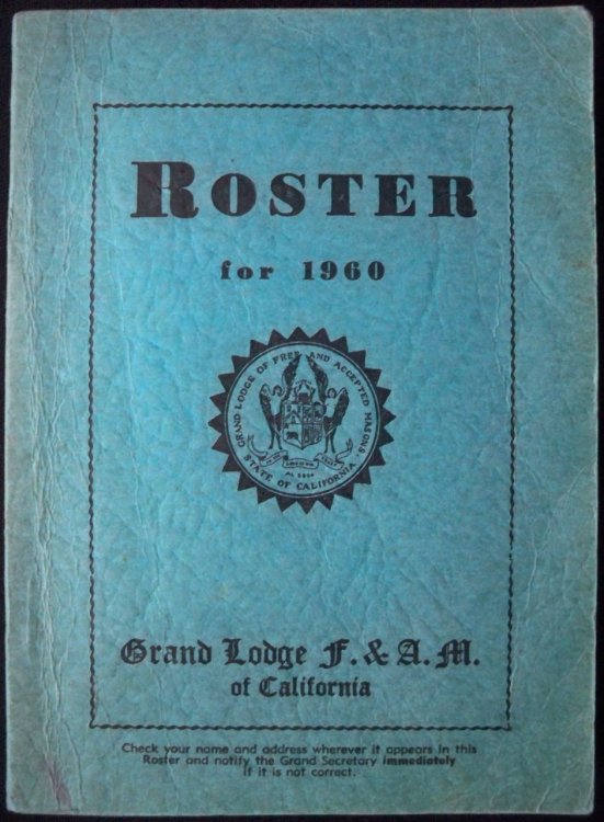 Image for ROSTER FOR 1960, GRAND LODGE F. & A.M. (FREE & ACCEPTED MASONS) OF CALIFORNIA ROSTER FOR 1960, GRAND LODGE F. & A.M. (FREE & ACCEPTED MASONS) OF CALIFORNIA