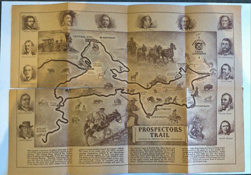 PROSPECTORS TRAIL: Historic Highway of the West. COLLECTIBLE FOLDED POSTCARD MAP OF THE PROSPECTORS TRAIL ASSOCIATION, COLORADO. Undated, c.1960.