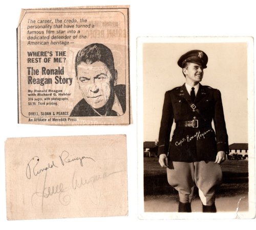 Image for AUTOGRAPHED ULTIMATE RONALD REAGAN COLLECTION, Lot of 4 Items Including 1) WHERE'S THE REST OF ME: The Ronald Reagan Story by Ronald Reagan and Richard G. Hubler. New York: Duell, Sloan and Pearce, FIRST EDITION 1965; 2) CALENDAR CARD SIGNED BY RONALD REAGAN AND JANE WYMAN; 3) ORIGINAL POSTCARD OF AUTOGRAPHED ULTIMATE RONALD REAGAN COLLECTION, Lot of 4 Items Including 1) WHERE'S THE REST OF ME: The Ronald Reagan Story by Ronald Reagan and Richard G. Hubler. New York: Duell, Sloan and Pearce, FIRST EDITION 1965; 2) CALENDAR CARD SIGNED BY RONALD REAGAN AND JANE WYMAN; 3) ORIGINAL POSTCARD OF