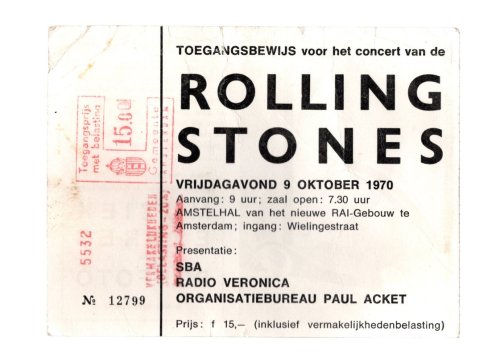 Image for ORIGINAL ROLLING STONES CONCERT TICKET FROM THE LAST SHOW OF THE 1970 EUROPEAN TOUR -- FRIDAY EVENING, 9 OCTOBER 1970 AT THE AMSTELHAL (RAI Amsterdam Convention Centre) IN AMSTERDAM, THE NETHERLANDS. ORIGINAL ROLLING STONES CONCERT TICKET FROM THE LAST SHOW OF THE 1970 EUROPEAN TOUR -- FRIDAY EVENING, 9 OCTOBER 1970 AT THE AMSTELHAL (RAI Amsterdam Convention Centre) IN AMSTERDAM, THE NETHERLANDS.