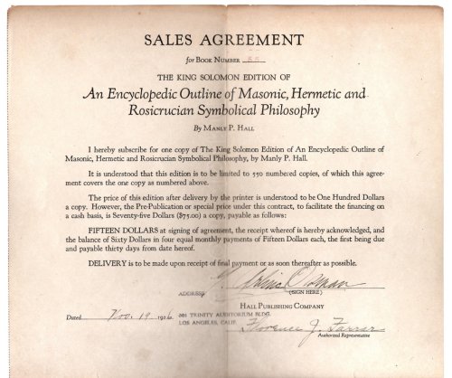 Sales Agreement for book number 55 The King Solomon Edition of An Encyclopedic Outline of Masonic Hermetic and Rosicrucian Symbolic Philosophy By Manly P. Hall