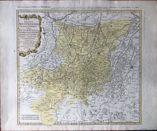 Status Mutinensis in Suas Ditiones utpote Ducatum Mutinensem, Reginensem, Mirandulanum, Princiratum Carpiensem et Corregiensem exacte divisi, nec non finitimarum Regionum novissima Tabula.