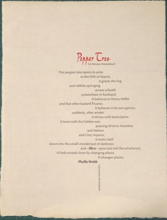 Image for Pepper Tree. for Breyten Breytenbach. Pepper Tree. for Breyten Breytenbach.