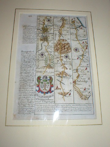 Miniature Original Antique engraved map: strip road map of GLOCESTERSHIRE / SOMERSETSHIRE/ WILTSHIRE: strip road map on both sides: Marlborough - Chippenham - Calne - Marshfield - Bristol - Axbridge - Huntspil. ( Gloucestershire) From: BRITANNIA DEPICTA.