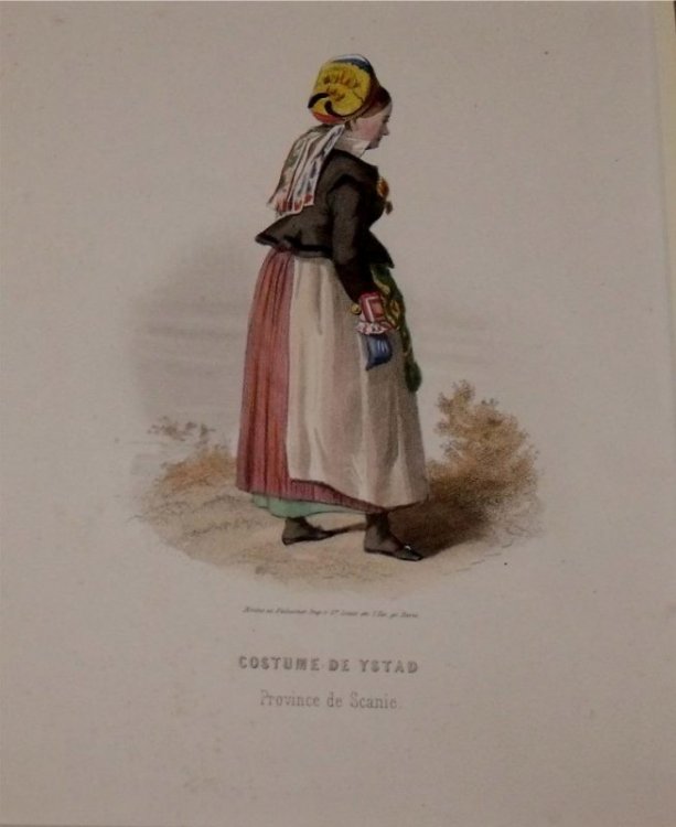 Attractive original engraving of Costume de Ystad. (Province de Scanie). Woman from Ystad in the Province of Scanie.