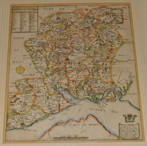 A Mapp of Hantshire. Hampshire Original Antique Hand Coloured Engraved Map of Hampshire. With Scale in Miles, and a Table of the Hundreds. Dedicated to The Rt. Hon. Charles St. John, Marquis of Winchester.