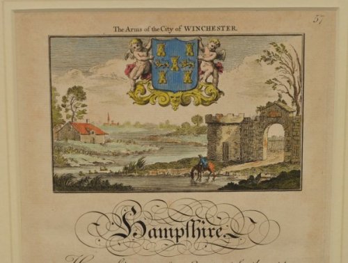 A Map of Hampshire. Original Antique Engraved Hand Coloured Map of Hampshire. With Illustration to Map, Engraved View with Arms of City of Winchester. And a description of the County. Twin plate, double sided & double-glazed.