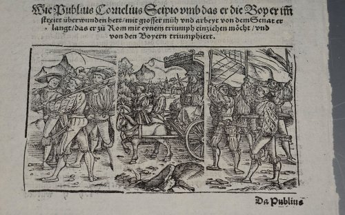 EARLY Leaf Woodcut Illustration of Romana dressed in Renaissance costume. From R&ouml;mische Historien, jetzundt mit gantzen flei&szlig; besichtigt, gebessert vnd gemehret.